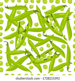 Seamless pattern of green sweet pea pods and individual peas. The concept of gardening, healthy eating, and vegetarianism. Vector hand drawing.