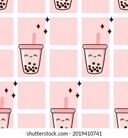 Seamless pattern with green tea cups on pink grid cells background vector illustration. Cute cartoon character.