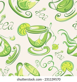 Seamless pattern with green tea cups. Hand drawn vector illustration.