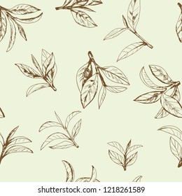 seamless pattern with green tea, hand-drawn leaves and branches of tea