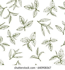 seamless pattern with green tea, hand-drawn leaves and branches of tea