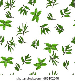 seamless pattern green tea, hand-drawn leaves and branches of tea