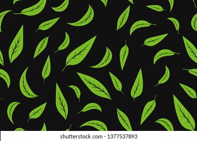 Seamless pattern with green tea leaves on white background. Hand painting on paper. May used in fabric, wrapping paper. Vector illustration