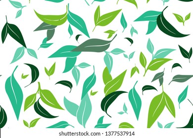 Seamless pattern with green tea leaves on white background. Hand painting on paper. May used in fabric, wrapping paper. Vector illustration