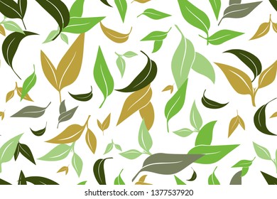 Seamless pattern with green tea leaves on white background. Hand painting on paper. May used in fabric, wrapping paper. Vector illustration