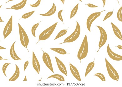 Seamless pattern with green tea leaves on white background. Hand painting on paper. May used in fabric, wrapping paper. Vector illustration