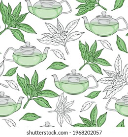 Seamless pattern with green tea. Tea leaves and teapot, vector. Tea ceremony background. Afternoon with tea. Hand drawing.