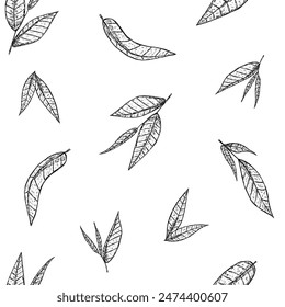 Seamless pattern of green tea leaves in hand drawn sketch style