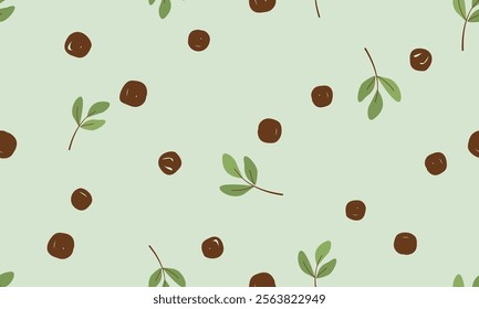 Seamless pattern with green tea leaves and tapioca balls on green background vector.