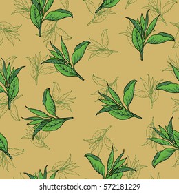 Seamless pattern with green tea leaves on pastel yellow background. Hand drawn vector illustration.
