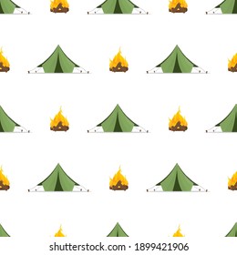 Seamless pattern with green tent and bonfire. Good on the topic of travel and camping. Vector.