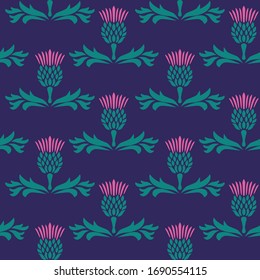 Seamless pattern with green thistles on blue background. Vector illustration. 