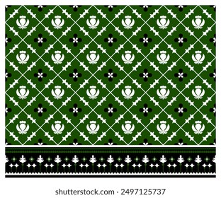 Seamless pattern, green tone, retro, folklore geometric ethnic style design for textiles, floor and wallpaper.