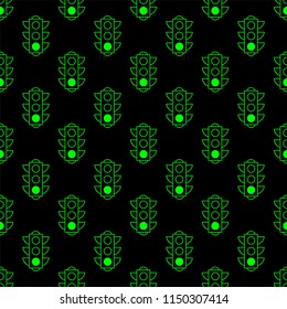 Seamless pattern of green traffic lights on black background. Flat design vector illustration. Print for the designer. A business card for the holiday.