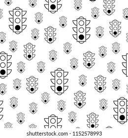 Seamless pattern of green traffic lights on white background. Linear vector pattern for book or package or screen design. Minimalistic style design. Black white versions.