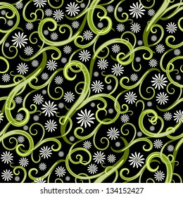 Seamless pattern with green translucent vintage lacy curls and small white flowers (vector EPS 10)