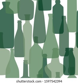 Seamless pattern with green transparent bottles. Vector.