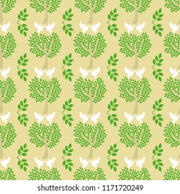 Seamless pattern with green tree and white flying doves, vector illusration