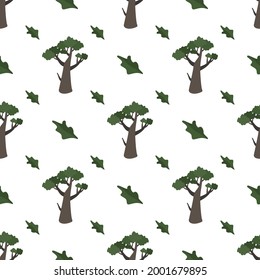 Seamless pattern with green trees. Forest plants, natural print of oak thickets and flying leaves.