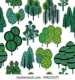 Seamless pattern of green trees. Freehand drawing,design books ,fabrics, and postcards