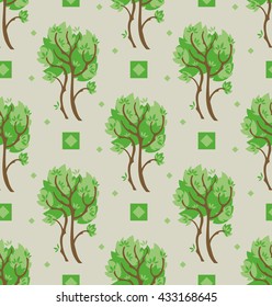 Seamless pattern with green trees and geometrical figures.