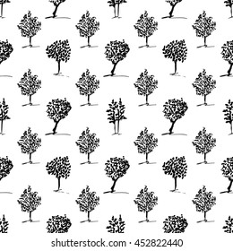 Seamless pattern. Green trees. Hand drawn trees set.
