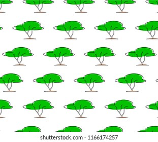 seamless pattern of green trees icons. Single, vector images. As template for gift paper, package products for garden shop. As print for tablecloth