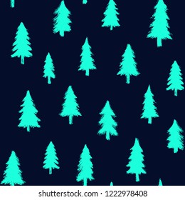 Seamless pattern with green trees isolated on black background. Doodle style grunge shapes.