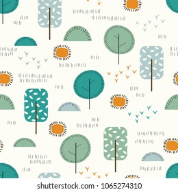 Seamless pattern. Green trees. White background.