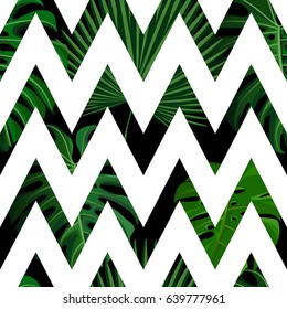 Seamless pattern with green tropical exotic palm leaves on abstract white zigzag background. Fabric, wrapping paper print. Vector illustration stock vector.
