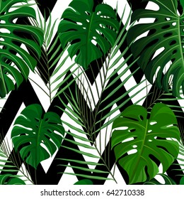 Seamless pattern with green tropical exotic palm leaves on abstract white black zigzag background. Fabric, wrapping paper print. Vector illustration stock vector.