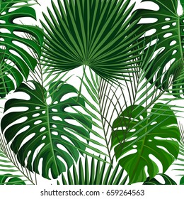 Seamless pattern with green tropical exotic palm leaves on abstract white background. Fabric, wrapping paper print. Vector illustration stock vector.