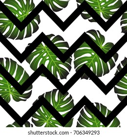 Seamless pattern with green tropical exotic palm leaves on abstract white black zigzag background. Fabric, wrapping paper print. Vector illustration stock vector.