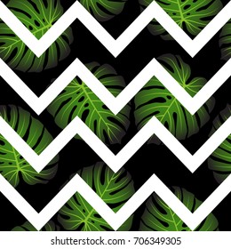 Seamless pattern with green tropical exotic palm leaves on abstract white black zigzag background. Fabric, wrapping paper print. Vector illustration stock vector.