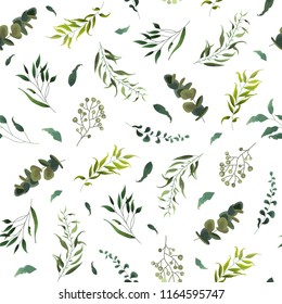 Seamless pattern with green tropical leaves plants eucalyptus. Botanical elegant decorative vector in watercolor style