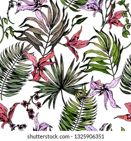 Seamless pattern with green tropical leaves and orchid flowers. Hand drawn vector on white background.