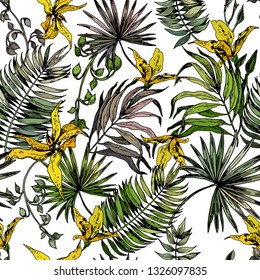 Seamless pattern with green tropical leaves and orchid flowers. Hand drawn vector on white background.