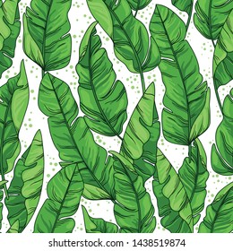 Seamless pattern with green tropical leaves on white background, vector illustration
