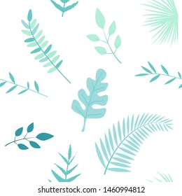 Seamless pattern with green tropical leaves and branches on white background.  For wallpapers, decoration, invitation, fabric, textile and print, web page background, gift and wrapping paper.