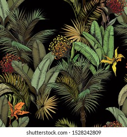 Seamless pattern with green tropical leaves and exotic flowers. Hand drawn vector illustration on black background.