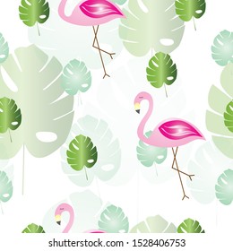 seamless pattern with green tropical leaves and flamingos vector