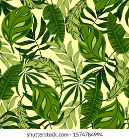 Seamless pattern with green tropical leaves on white background. Floral seamless vector tropical pattern background with exotic leaves, jungle leaf. Trendy summer Hawaii print.