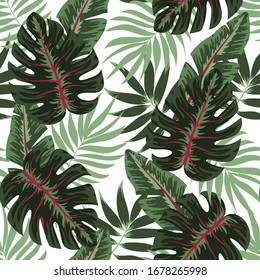 Seamless pattern with green tropical leaves on white background. Floral seamless vector tropical pattern background with exotic leaves, jungle leaf. Trendy summer Hawaii print.