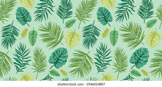 Seamless pattern with green tropical leaves and plants. Background Vector Hand Drawn Sketch Botanical Illustration. Palm leaves. Exotic. Vintage. Texture for fabric, wrapping paper, textile