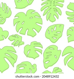 Seamless pattern with green tropical leaves on white background. Monstera leaves silhouette pattern.