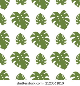 Patrón sin foco con hojas tropicales verdes sobre fondo blanco. Imagen vectorial.
