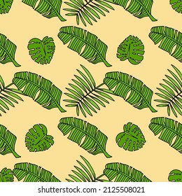 Patrón sin foco con hojas tropicales verdes sobre fondo amarillo claro. Imagen vectorial.