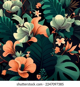 Seamless pattern of green tropical leaves with strelitzia, plumeria and hibiscus flowers on a dark background - Vector illustration