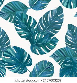 Patrón sin costuras con hojas tropicales verdes. Patrón botánico, planta monstruosa. Perfecto para textiles y proyectos de arte. Ilustración vectorial.