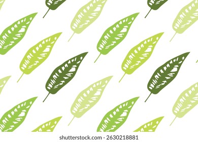 Seamless pattern of green tropical leaves on a white background. Vector illustration.